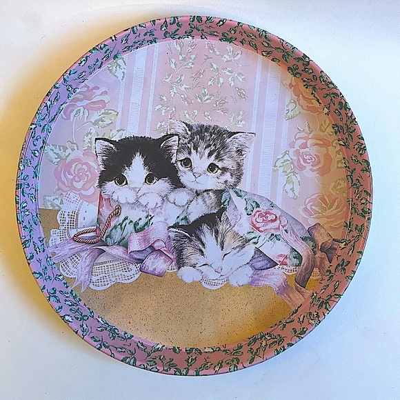 Vintage Other - ⭐️ LAST CHANCE SALE! ⭐️ Vintage Kittens Pink Floral Tin Serving Tray